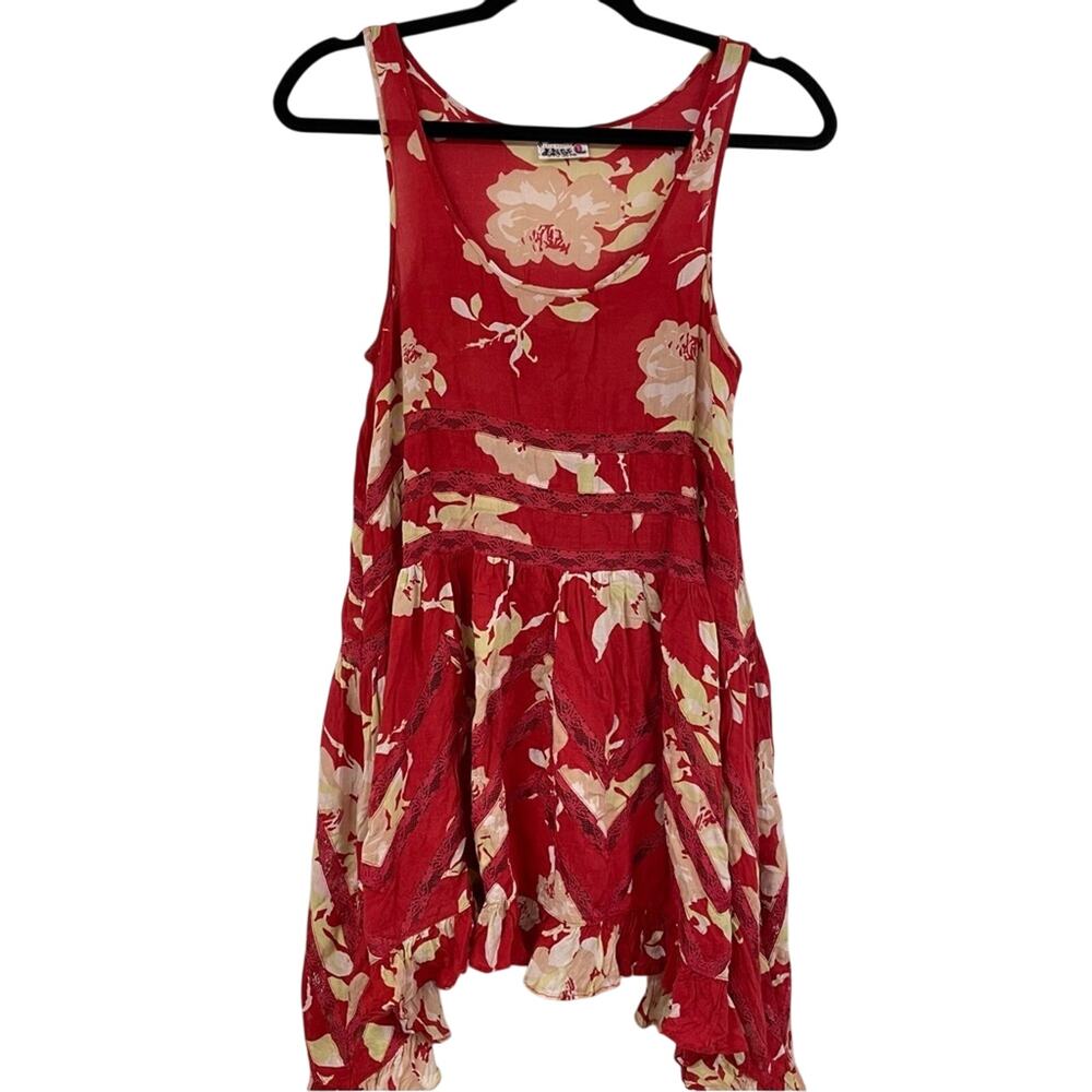 Free People Intimately Red Floral Sleeveless Tunic Womens XS Shark Bite Hem